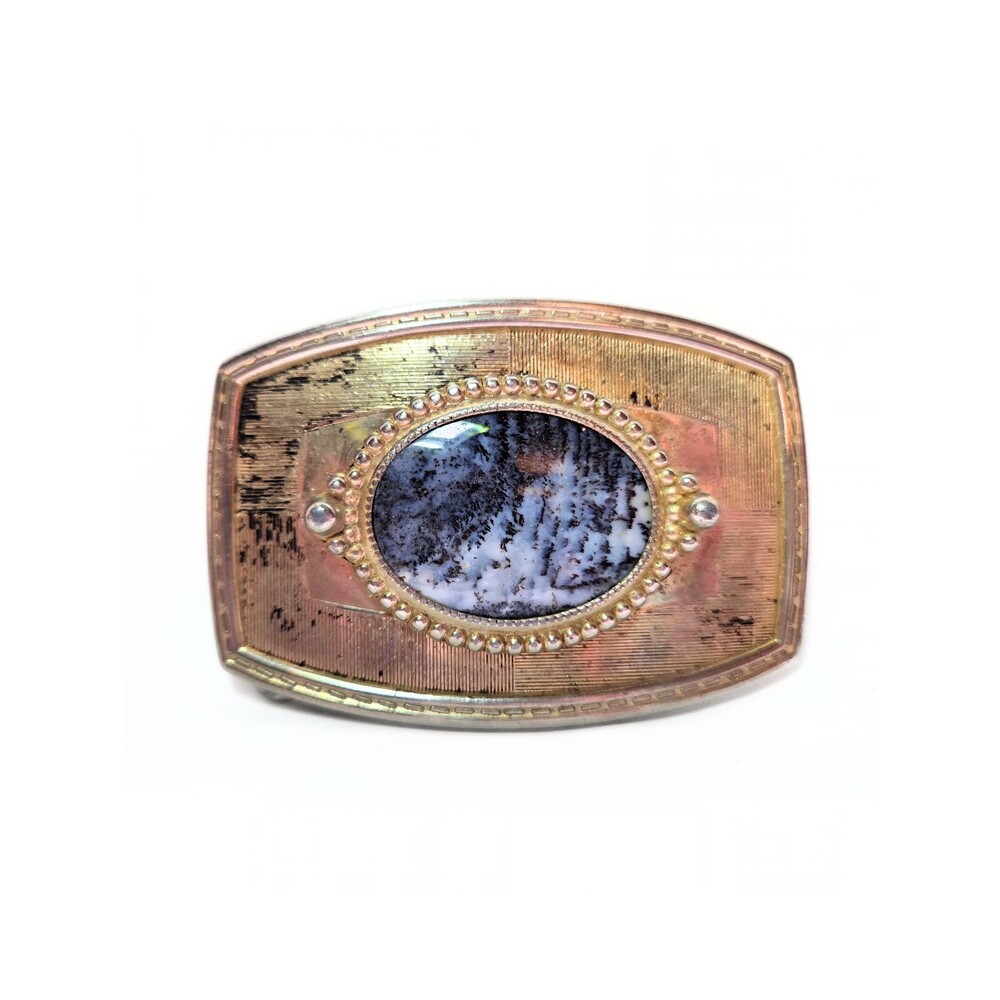 Vintage Gold Tone Belt Buckle w/ Dendritic Agate Stone Western Southwestern